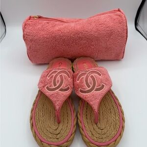 Chanel Pink Terry CC Logo Espadrille Sandals Thong Slides Size 38 NWT